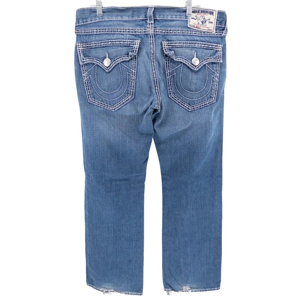 VTG Y2K True Religion Mens 38x33 Ricky Straight Jeans Blue Thick White Stitching